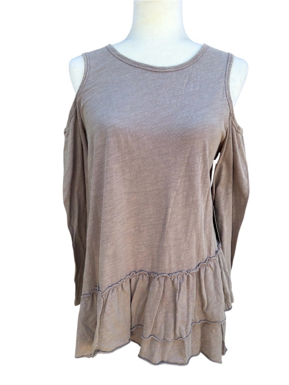 Doe & Rae Taupe Cold-Shoulder Ruffle Hem Long Sleeve Top